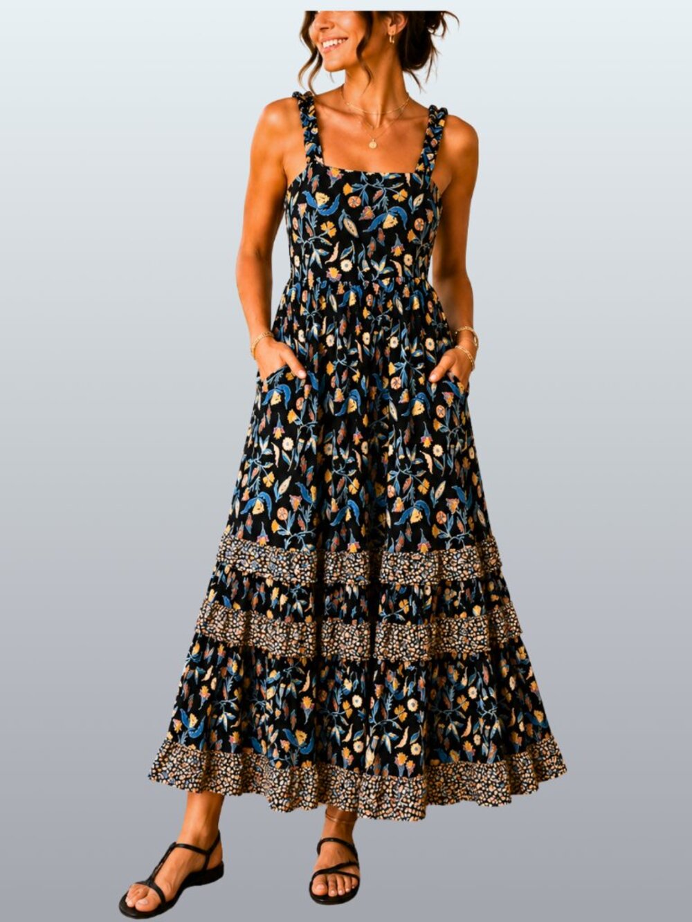 Sleeveless Shirred Floral Maxi Dress Smocked Back M Cottagecore Prairie Boho